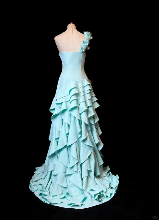 Vintage One Shoulder A-Line Long Prom Dresses, Tiered Chiffon Blue Evening Gowns ED04478