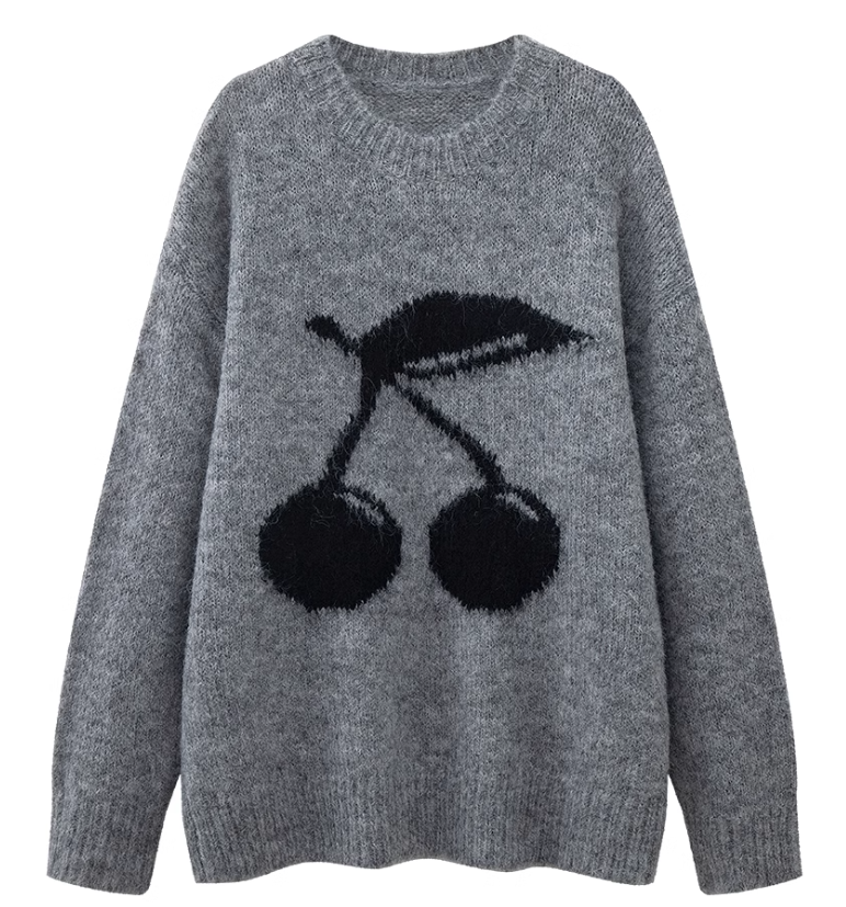 Mohair cherry embroidered crew neck sweater ED0447