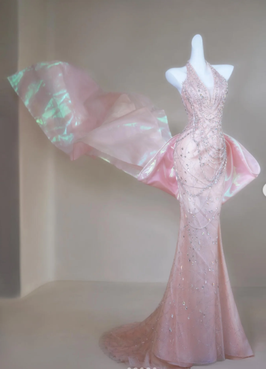 Fairy Halter Mermaid Long Prom Dresses, Tulle Rhinestone Pink Birthday Dresses ED04482