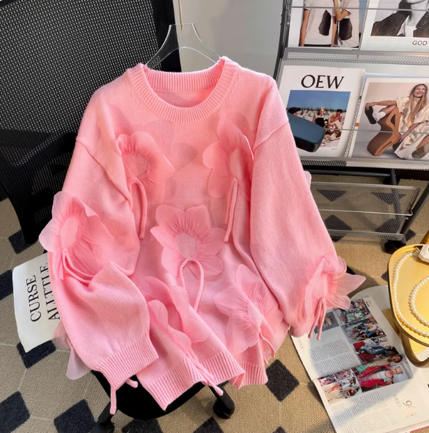 Sweet 3D Petal Round Neck Thick Sweater ED0449