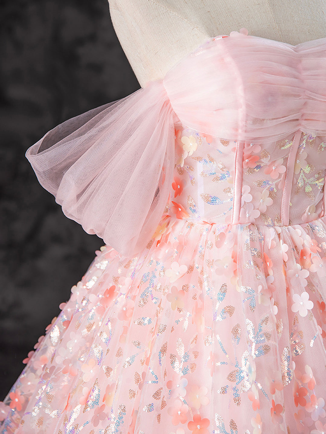 A-Line Off Shoulder Tulle Lace Pink Long Prom Dress, Pink Sweet 16 Dress ED045