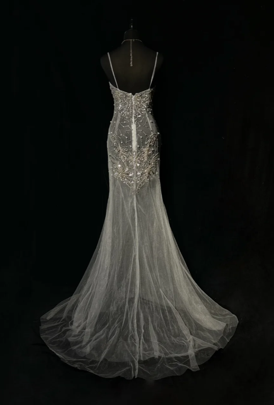 Vintage Spaghetti Strap Mermaid Long Prom Dresses Chiffon Beaded Grey Formal Dresses ED04503