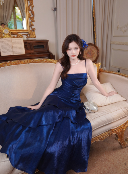 Chic Spaghetti Strap Sheath Blue Long Prom Dresses with Ruffles, Satin Blue Formal Dresses ED04516