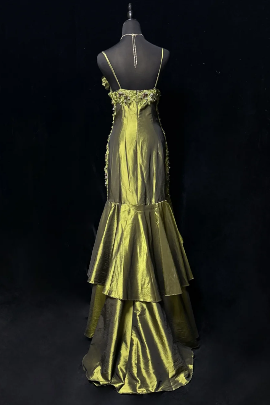 Elegant Mermaid Spaghetti Strap Dark Green Long Prom Dresses Satin Beaded Evening Gowns Dark Green Formal Dresses ED04519