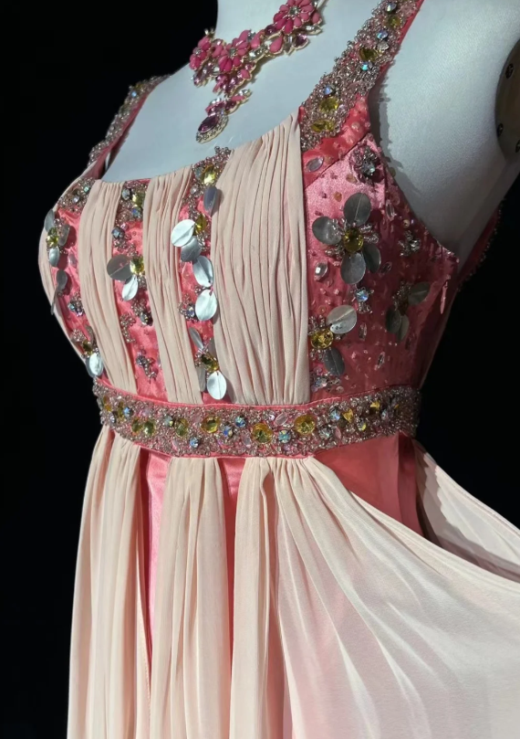 Fairy Sheath Strap Pink Long Prom Dresses, Chiffon Beaded Evening Gowns Pink Formal Dresses ED04520