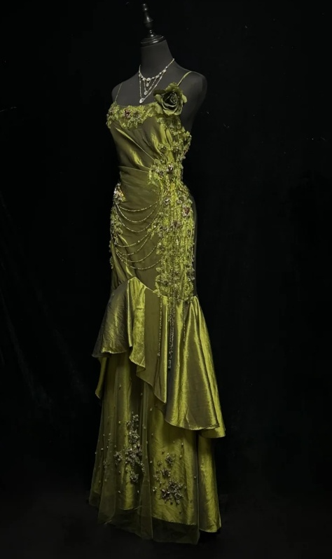 Elegant Mermaid Spaghetti Strap Dark Green Long Prom Dresses Satin Beaded Evening Gowns Dark Green Formal Dresses ED04519