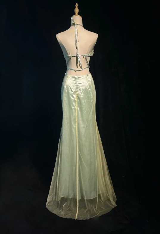 Vintage Mermaid V-neck Light Green Long Prom Dresses Chiffon Beaded Evening Gowns Light Green Formal Dresses ED04521