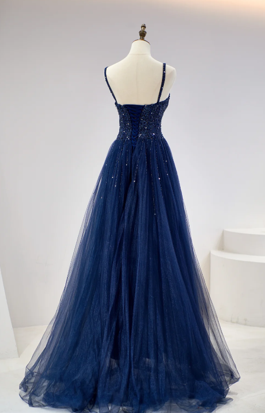 Chic Spaghetti Strap A-Line Dark Blue Long Prom Dresses Dark Blue Formal Dresses Tulle Sequin Birthday Evening Dresses ED04527