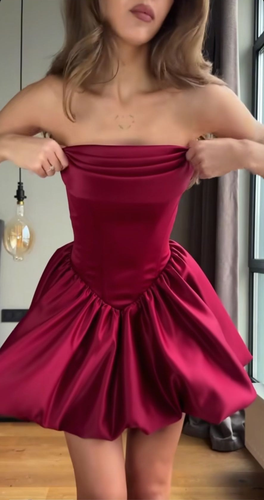 burgundy satin homecoming dress Burgundy Floral Print Satin Homecoming Dress Strapless Tea-Length Dress hc332 Custom Colors / US6