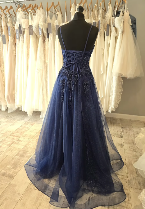 Fairy Spaghetti Strap A-Line Long Prom Dresses Beaded Tulle Navy Blue Evening Gowns ED04546