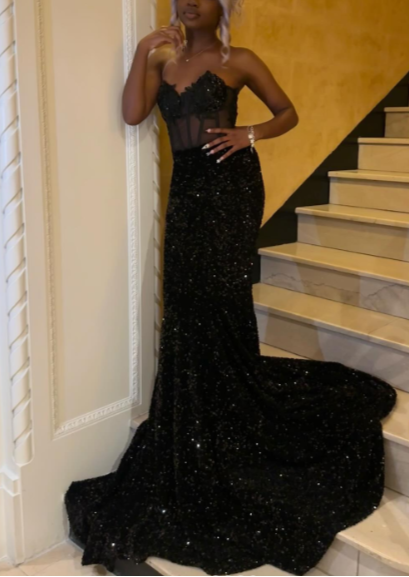 Elegant Sweetheart Mermaid Long Prom Dresses Sequined Black Evening Dresses ED04563