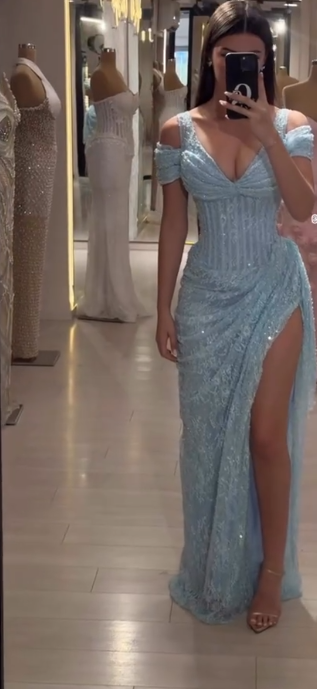 Elegant Off-the-shoulder Sheath Long Prom Dresses Lace Beaded Evening Gowns ED04576