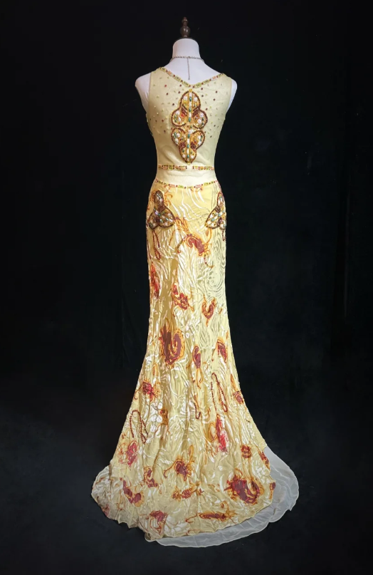 Vintage Spaghetti Strap Mermaid Long Prom Dresses Beaded Chiffon Yellow Formal Dresses ED04579