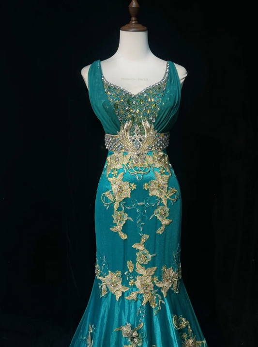 Vintage V Neck Mermaid Long Prom Dresses Satin Applique Blue Evening Dresses ED04580