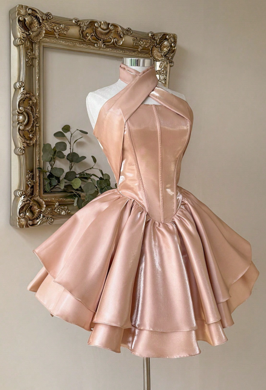 Cute Halter Ball Gown Peach Homecoming Dresses Sleeveless Birthday Dresses Satin Party Dresses ED04584