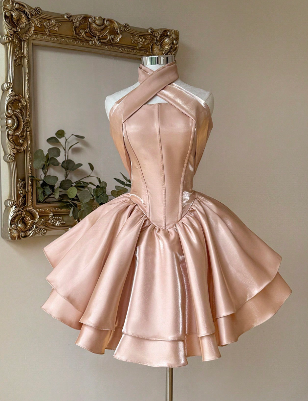 Cute Halter Ball Gown Peach Homecoming Dresses Sleeveless Birthday Dresses Satin Party Dresses ED04584