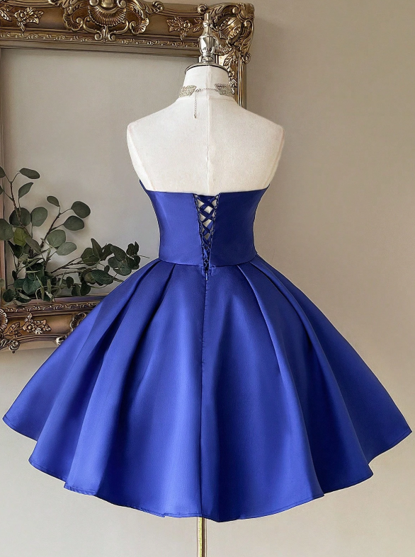 Chic Sweetheart Neck A-Line Birthday Dresses Royal Blue Homecoming Dresses Satin Sleeveless Party Dresses ED04585