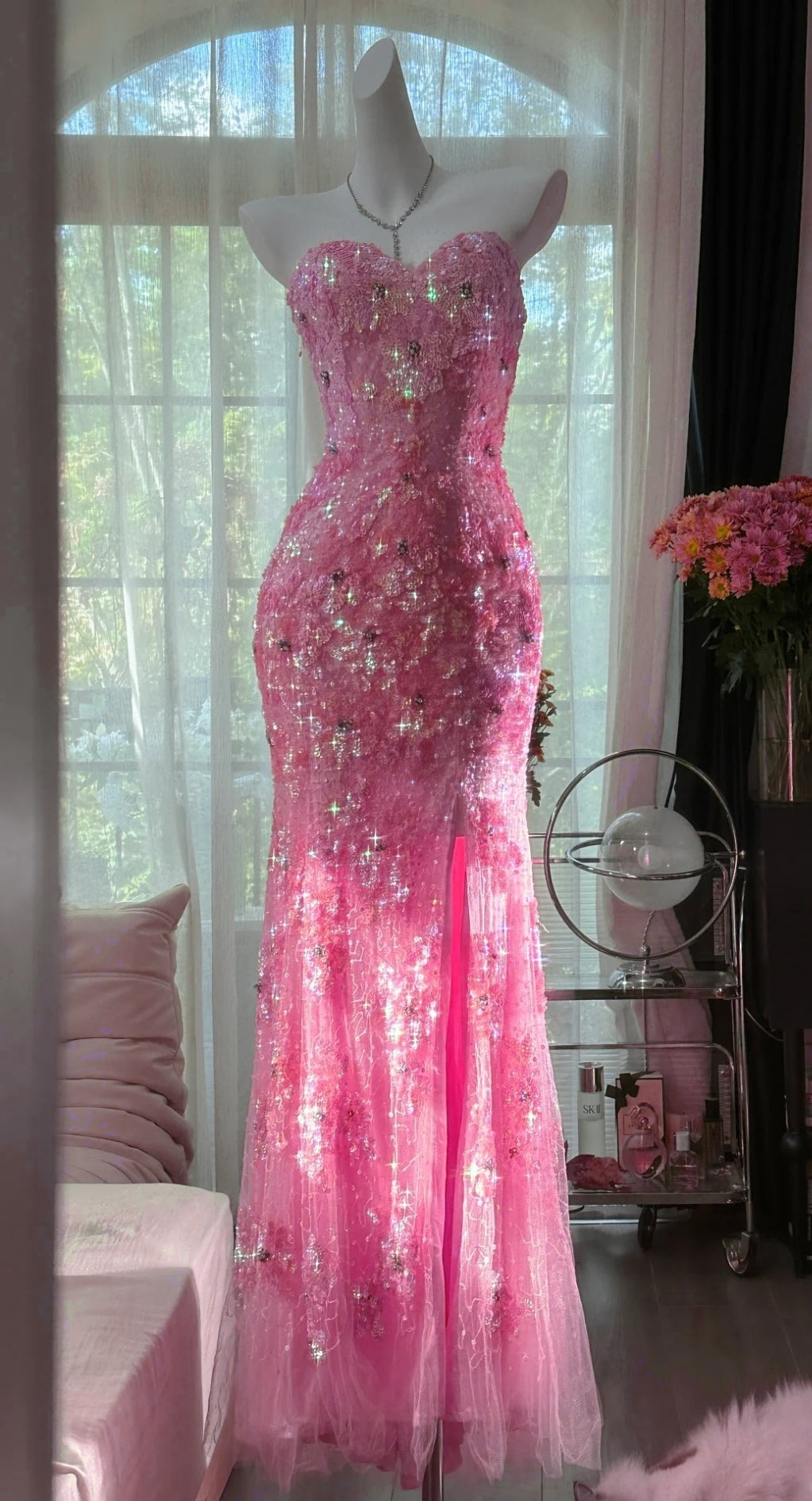 Gorgeous Mermaid Coral Formal Dresses Tulle Sequin Sweetheart Neck Long Prom Dresses Coral Evening Dresses ED04587