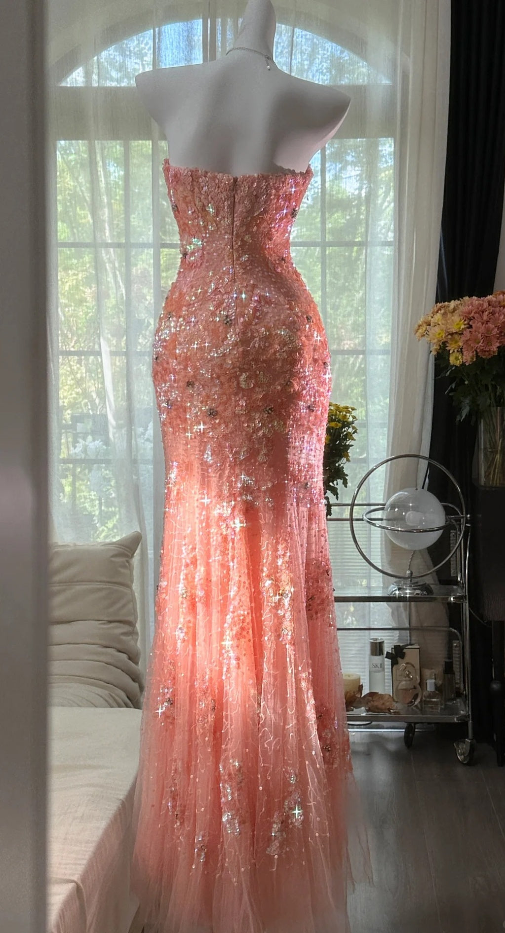 Gorgeous Mermaid Coral Formal Dresses Tulle Sequin Sweetheart Neck Long Prom Dresses Coral Evening Dresses ED04587