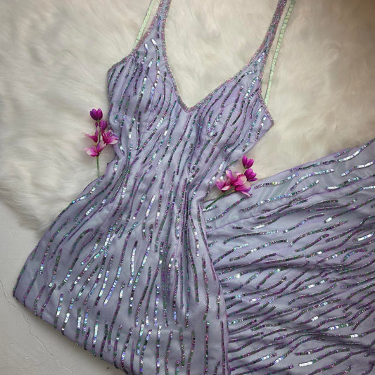 Fairy Sheath Purple Formal Dresses V-neck Prom Dresses Chiffon Sequins Open Back Evening Gowns ED04589