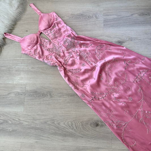 Vintage Spaghetti Strap Sheath Wedding Guest Dresses Beaded Satin Pink Long Formal Dresses ED04591