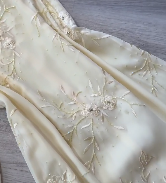 Fairy Spaghetti Strap Sheath Long Prom Dresses Chiffon Applique Pale Yellow Formal Dresses ED04593