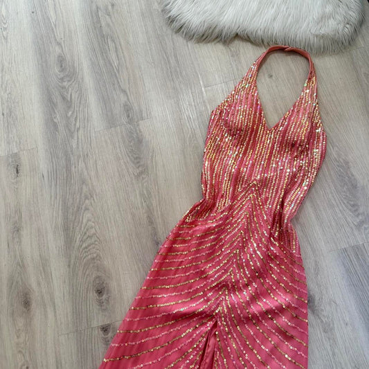 Vintage Halter Sheath Long Prom Dresses with Open Back, Chiffon Sequins Hot Pink Formal Dresses ED04594