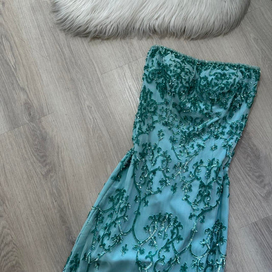 Vintage Strapless Sheath Long Prom Dresses , Chiffon Sequins Blue Formal Dresses ED04595