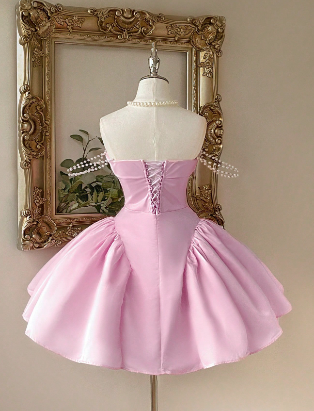 Cute Strapless A-Line Homecoming Dresses Satin Short Prom Dresses Pink Birthday Dresses ED04617