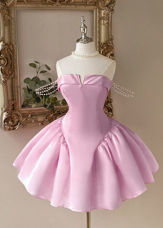Cute Strapless A-Line Homecoming Dresses Satin Short Prom Dresses Pink Birthday Dresses ED04617