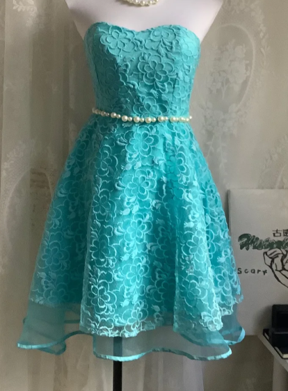 Vintage Strapless A-Line Short Prom Dresses Lace Blue Homecoming Dresses Birthday Dresses ED04627