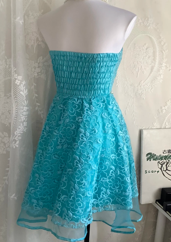 Vintage Strapless A-Line Short Prom Dresses Lace Blue Homecoming Dresses Birthday Dresses ED04627