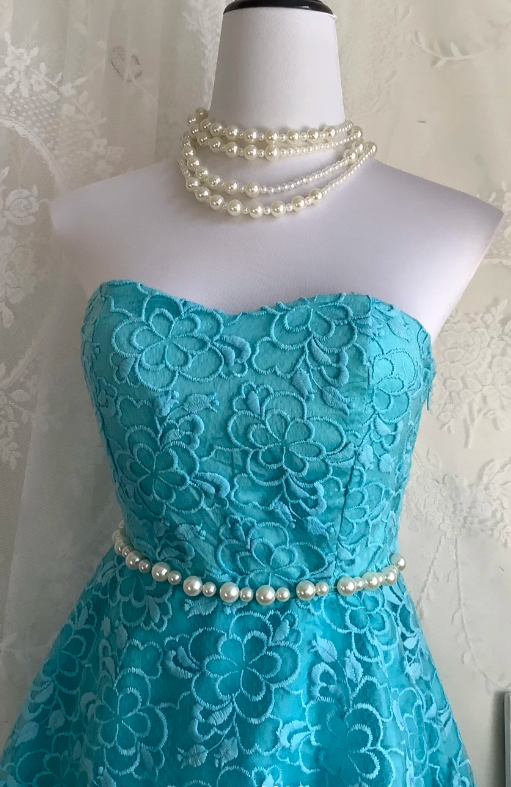 Vintage Strapless A-Line Short Prom Dresses Lace Blue Homecoming Dresses Birthday Dresses ED04627