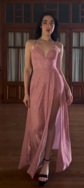 Glittery Spaghetti Strap A-Line Long Prom Dresses with Slits Open Back Dusty Pink Formal Dresses ED04646