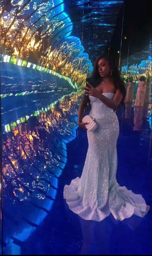 Gorgeous Strapless Mermaid Long Prom Dresses Tulle Light Blue Evening Gowns ED04649