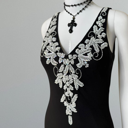 Vintage V-neck Sheath Long Prom Dresses Chiffon Sequin Black Formal Dresses Sleeveless Evening Gowns ED04652