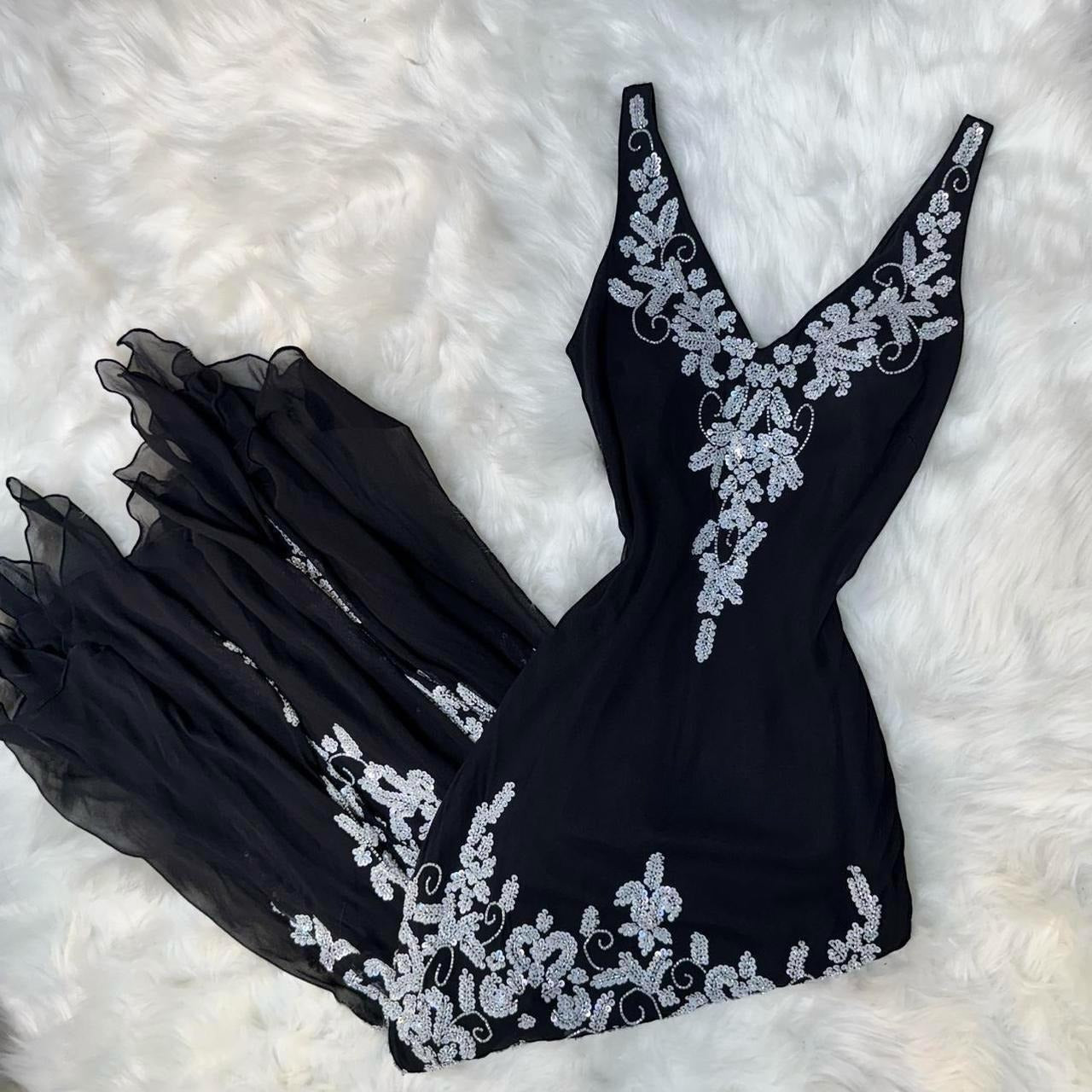 Vintage V-neck Sheath Long Prom Dresses Chiffon Sequin Black Formal Dresses Sleeveless Evening Gowns ED04652