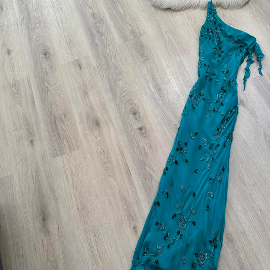 Vintage One Shoulder Turquoise Long Formal Dresses Chiffon Beaded Prom Dresses Elegant Sheath Evening Gowns ED04655