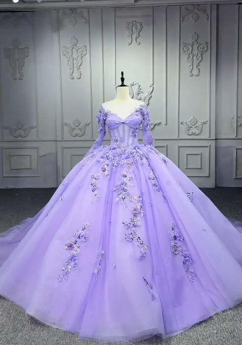Gorgeous Ball Gown Jewel Tulle Long Prom Dresses Applique Beading Purple Quinceanera Dresses Sweet 16 Dresses ED04656