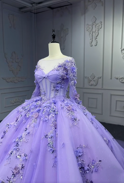 Gorgeous Ball Gown Jewel Tulle Long Prom Dresses Applique Beading Purple Quinceanera Dresses Sweet 16 Dresses ED04656