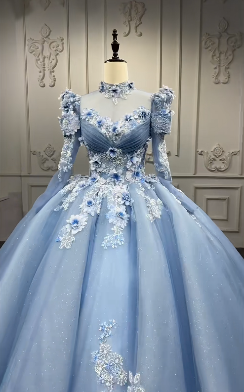 Palace Style Ball Gown Tulle Long Prom Dresses Appliqué Beading Light Blue Quinceanera Dresses Sweet 16 Dresses ED04657