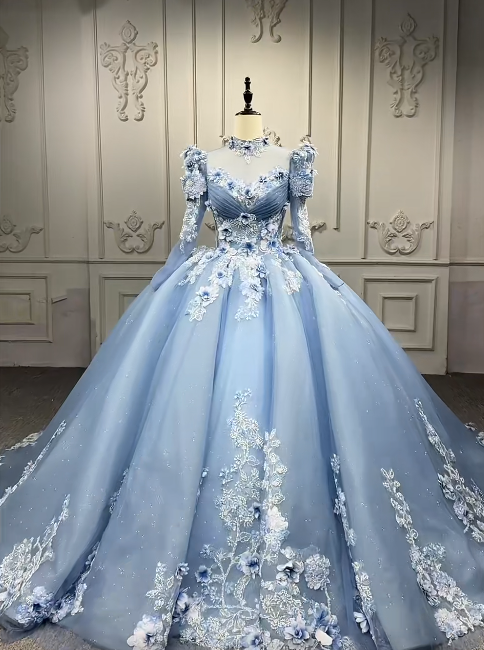 Palace Style Ball Gown Tulle Long Prom Dresses Appliqué Beading Light Blue Quinceanera Dresses Sweet 16 Dresses ED04657