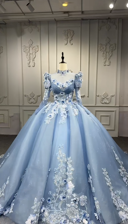 Palace Style Ball Gown Tulle Long Prom Dresses Appliqué Beading Light Blue Quinceanera Dresses Sweet 16 Dresses ED04657