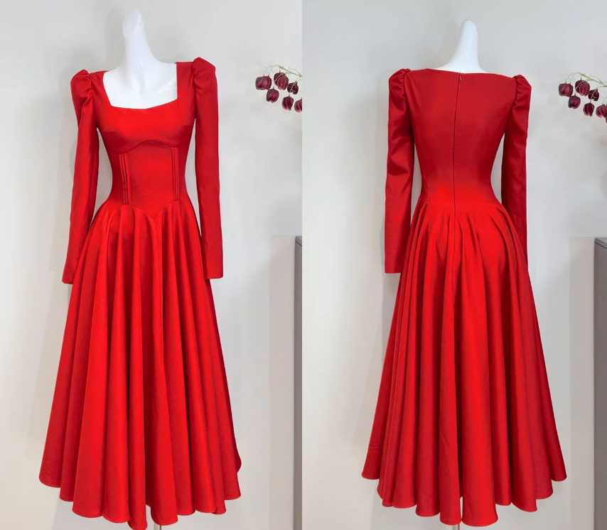 French A-Line Formal Dresses Burgundy Birthday Dresses Long Sleeves Guest Dresses ED04667