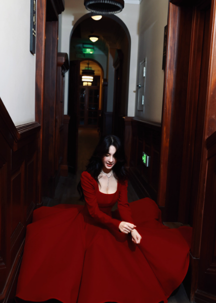 French A-Line Formal Dresses Burgundy Birthday Dresses Long Sleeves Guest Dresses ED04667