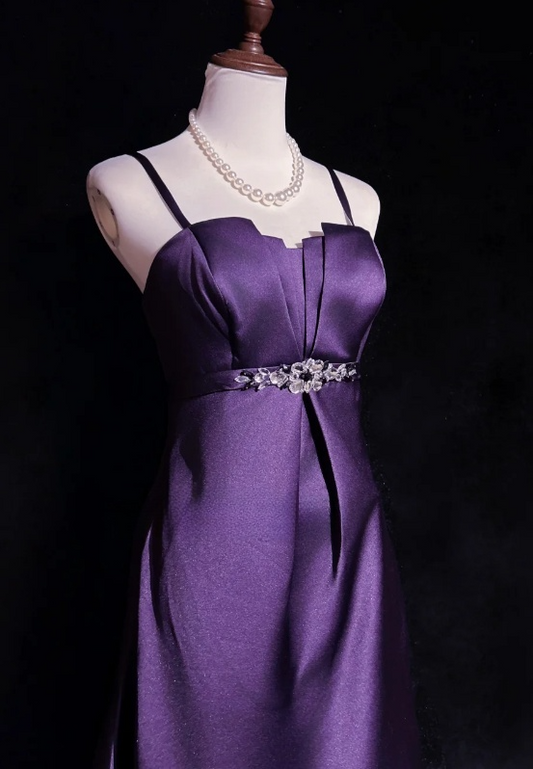 Vintage Sheath Dark Purple Formal Dresses Spaghetti Straps Guest Dresses Satin Short Prom Dresses ED04668