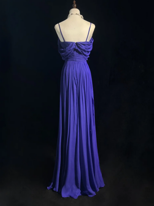 Vintage Sheath Royal Blue Formal Dresses Spaghetti Straps Guest Dresses Chiffon Long Prom Dresses ED04669