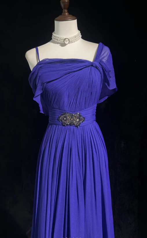 Vintage Sheath Royal Blue Formal Dresses Spaghetti Straps Guest Dresses Chiffon Long Prom Dresses ED04669
