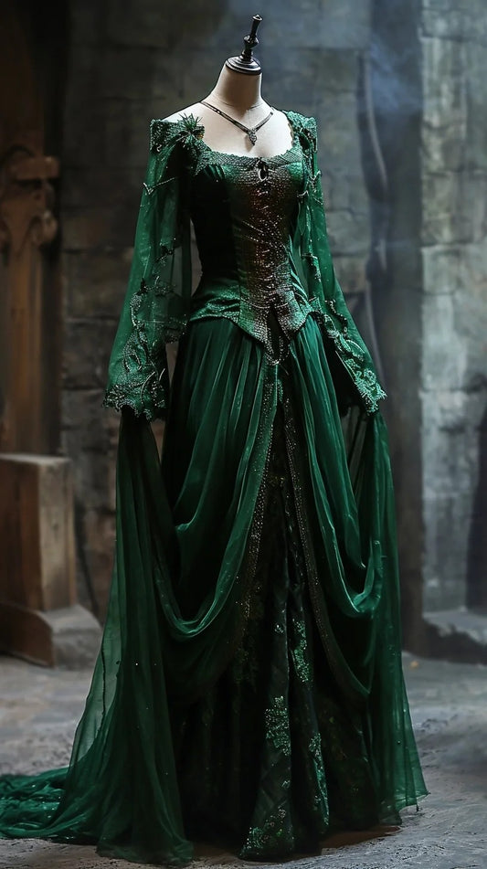 Palace-style Sheath Long Sleeve Dark Green Long Prom Dresses Tulle Beaded Square Neck Birthday Dresses ED04672