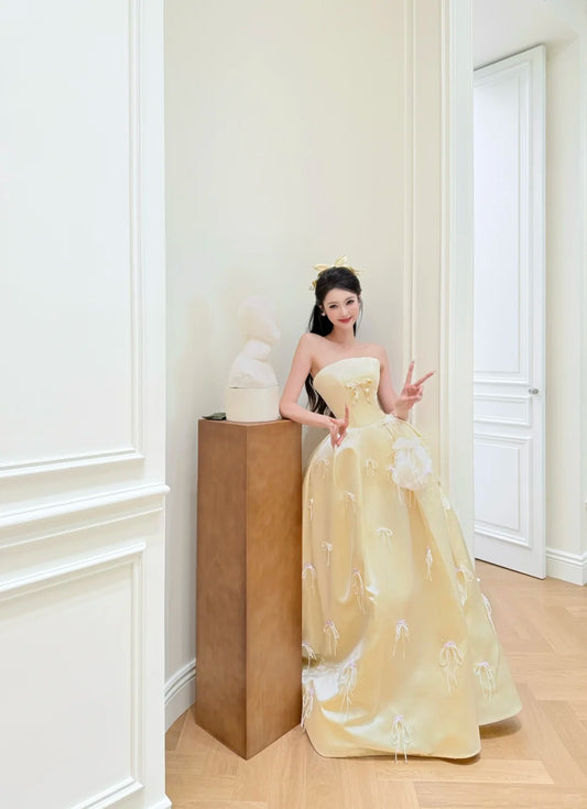 Sweet Strapless A-Line Long Prom Dresses Satin Butter Yellow Long Formal Dresses, Cute Birthday Dresses ED04673